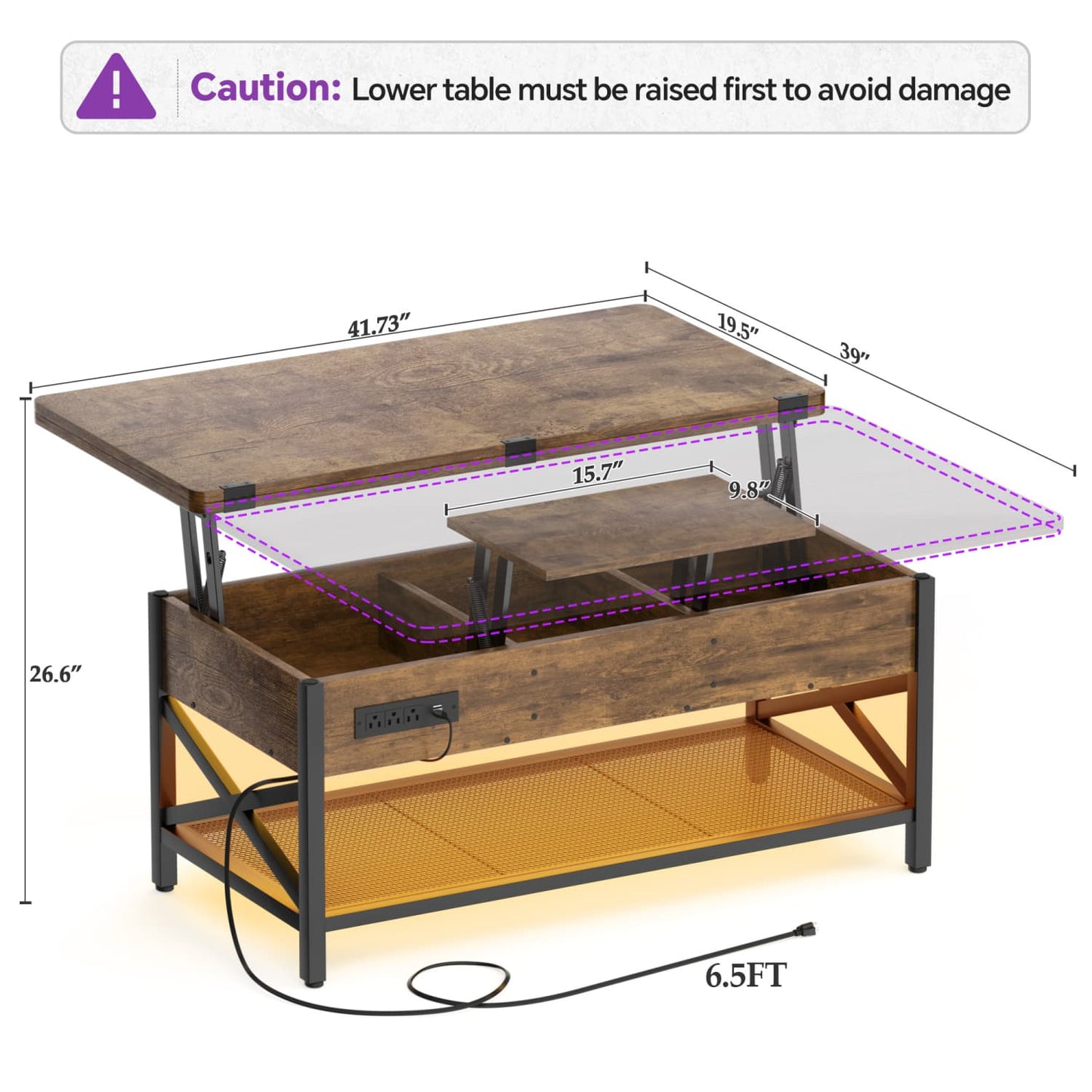 Coffee Table Lift Top with LED Light and Power Outlet