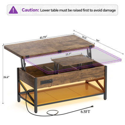 Coffee Table Lift Top with LED Light and Power Outlet