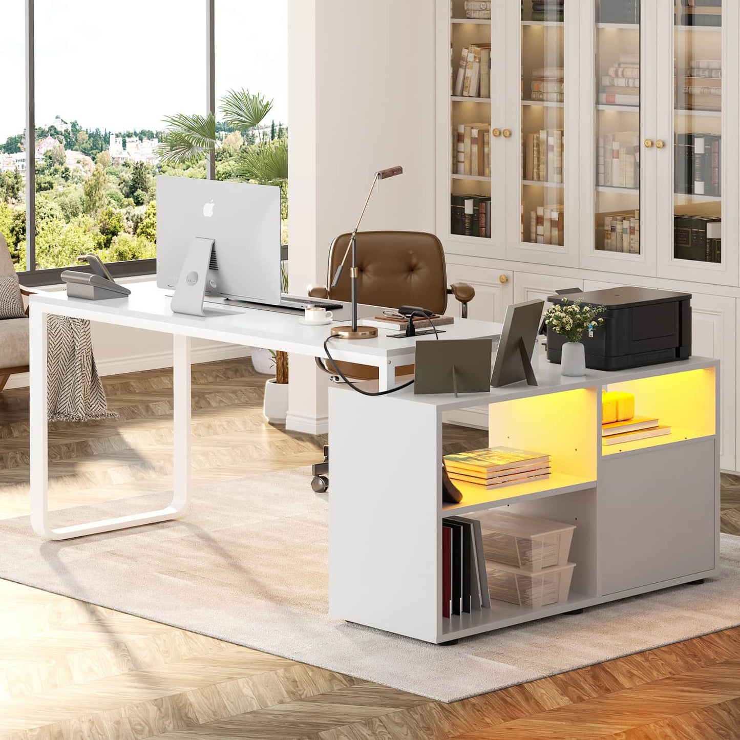 62" L Shaped Computer Desk with File Drawer, LED Lights