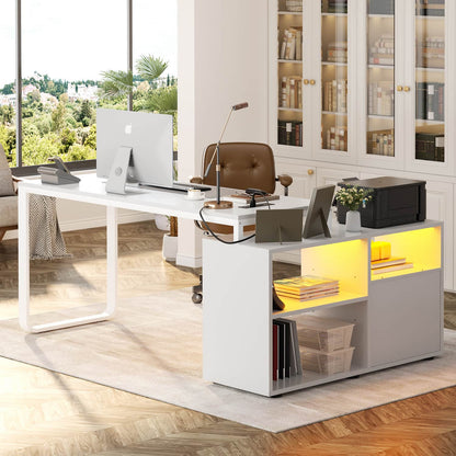 62" L Shaped Computer Desk with File Drawer, LED Lights