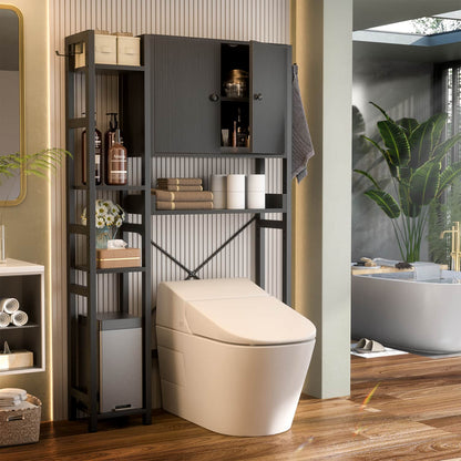 7-Tier Bathroom Organizer with Adjustable Shelf, Over The Toilet Storage Rack with 4 Hooks and Drawers
