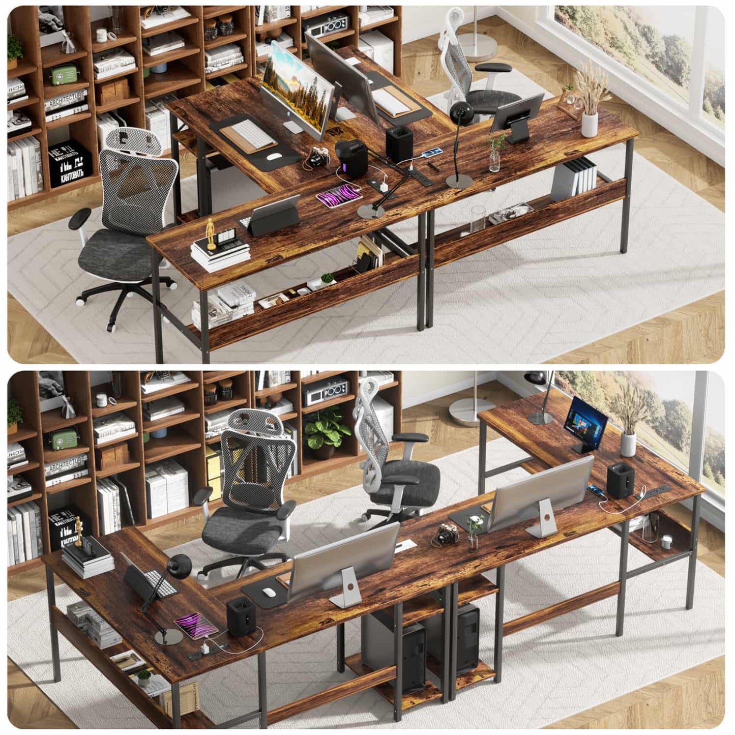 L Shaped Desk with Storage, Power Outlet, USB Ports, Reversible Computer Desk