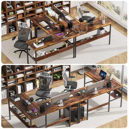 L Shaped Desk with Storage, Power Outlet, USB Ports, Reversible Computer Desk