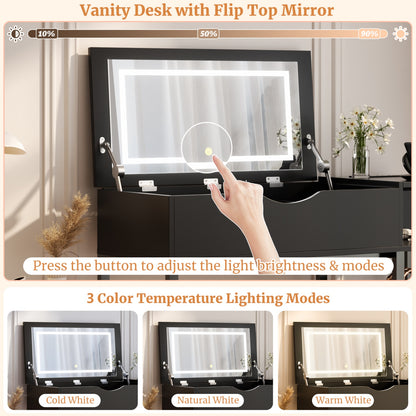 Flip-Top Makeup Dressing Table with mirror and Drawer, Small Vanity Desk with Charging Station