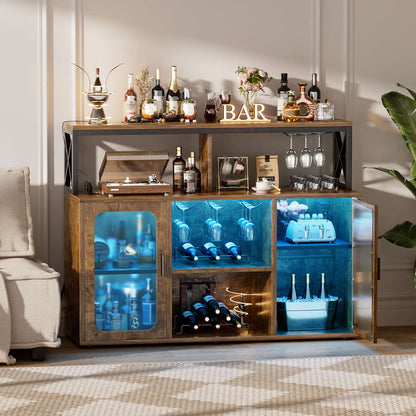 Wine Bar Cabinet with Glass Holders and and Doors, Buffet Wine cabinet with Power Outlet