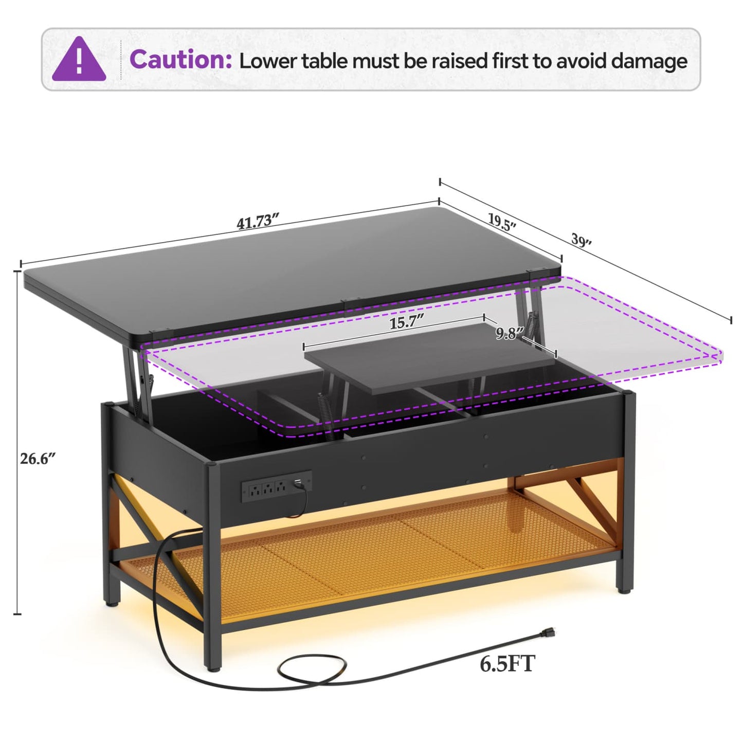 Coffee Table Lift Top with LED Light and Power Outlet