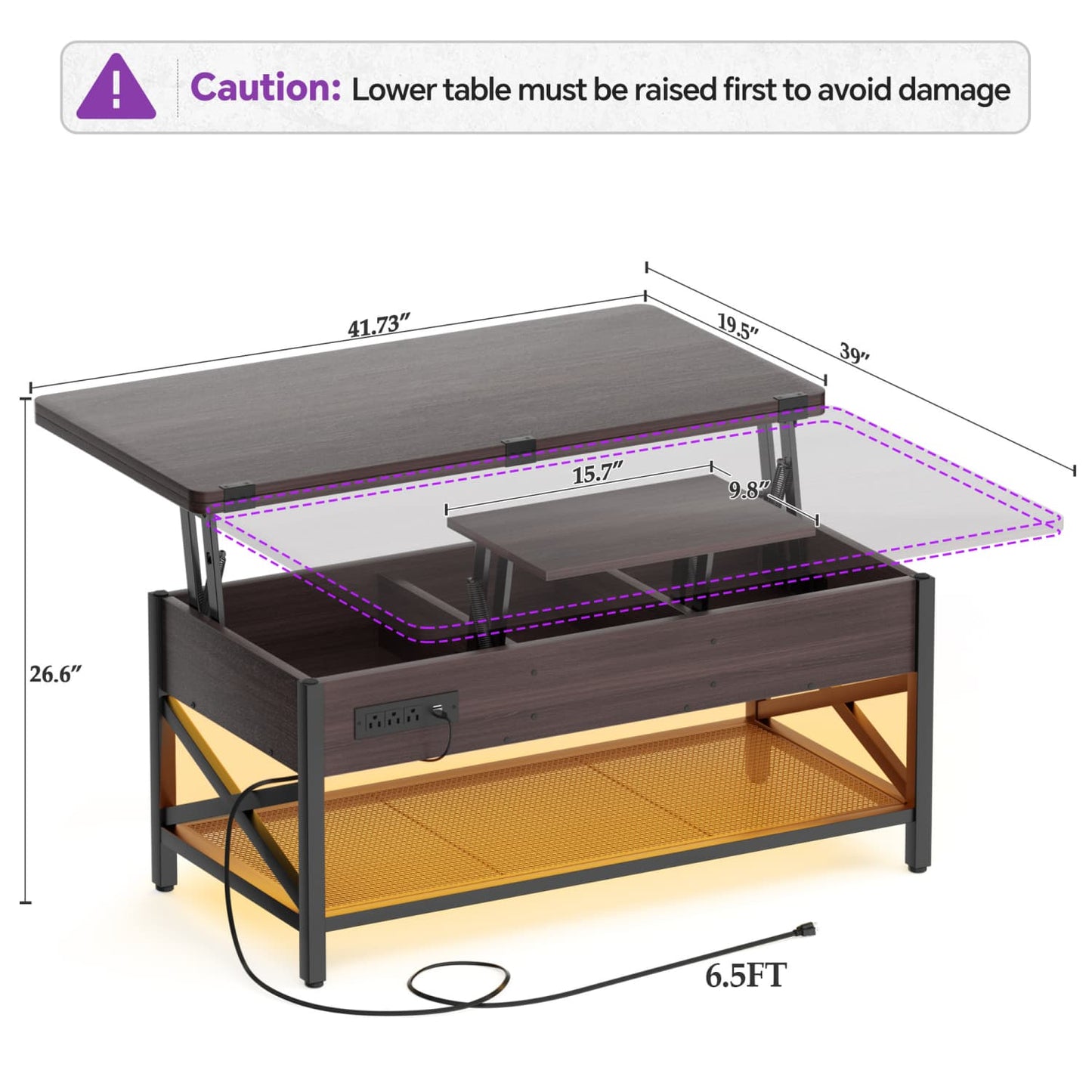 Coffee Table Lift Top with LED Light and Power Outlet