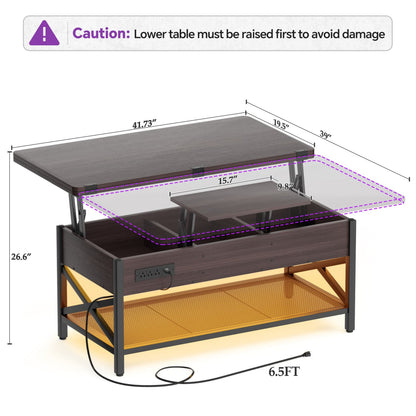 Coffee Table Lift Top with LED Light and Power Outlet