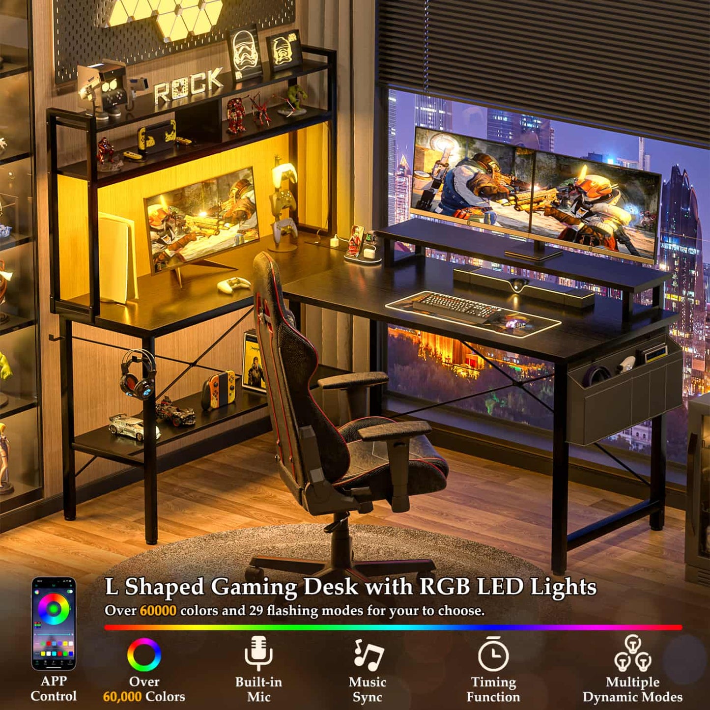 L-Shaped Computer Desk with Monitor and Hutch, Gaming Desk with Charging Station