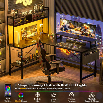 L-Shaped Computer Desk with Monitor and Hutch, Gaming Desk with Charging Station