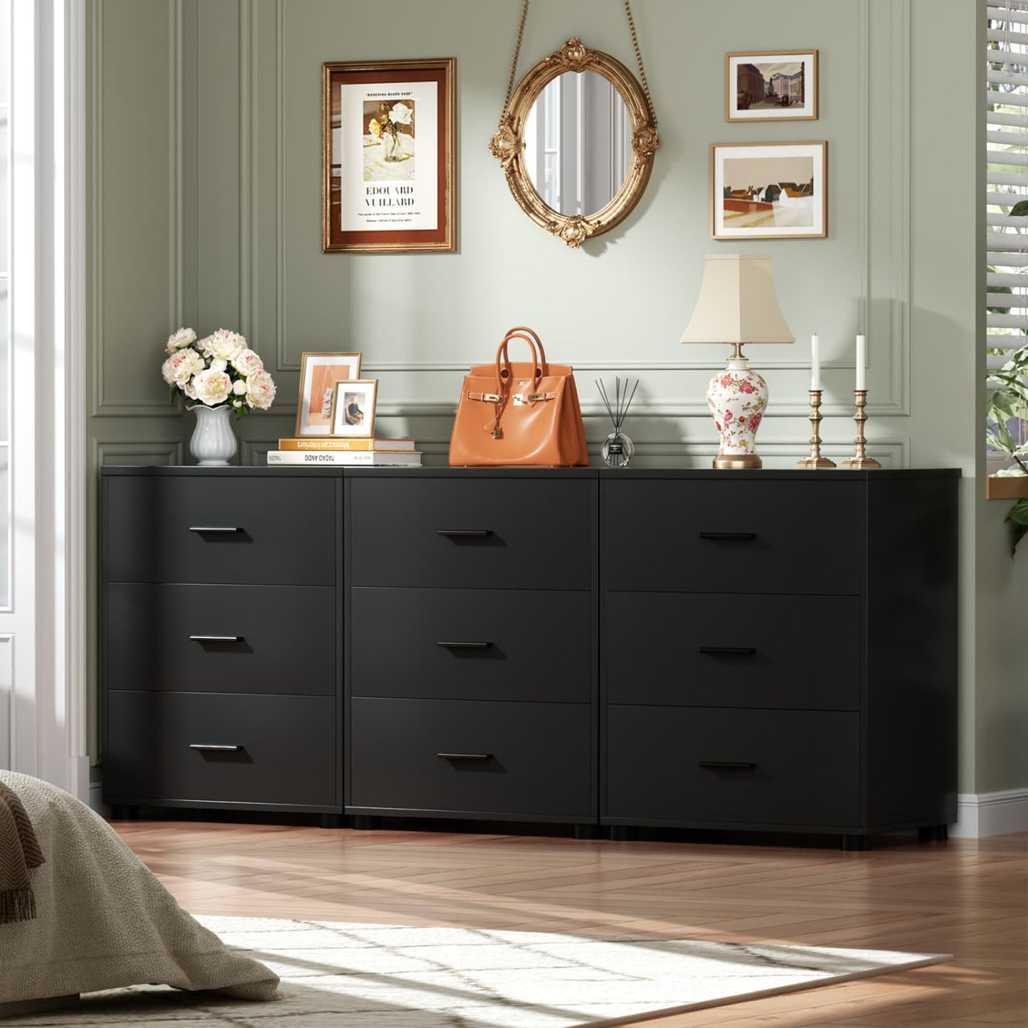 Set of 2 Wooden 6-Drawers Dressers with Storage, Closet Storage Cabinet and Nightstand
