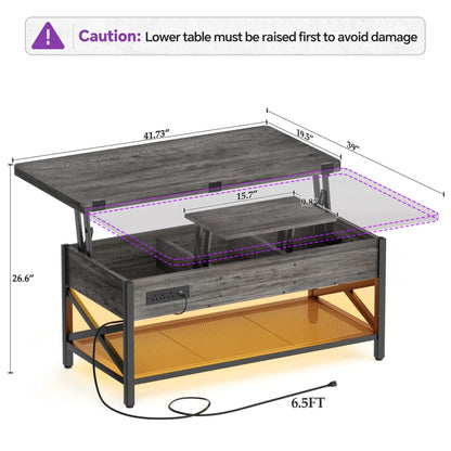 Coffee Table Lift Top with LED Light and Power Outlet