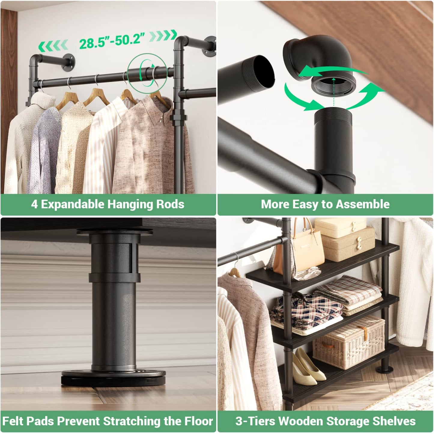 84"-128" Metal Pipe Clothing Rack Wall Mounted , Garment Rack