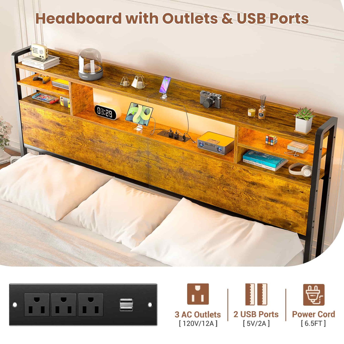 King Headboard with Storage shelves and Charging Station, Wood Headboard with LED Light