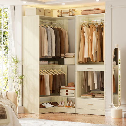 Freestanding Corner Closet System with 2 Hanging Rods and Shoes Shelf