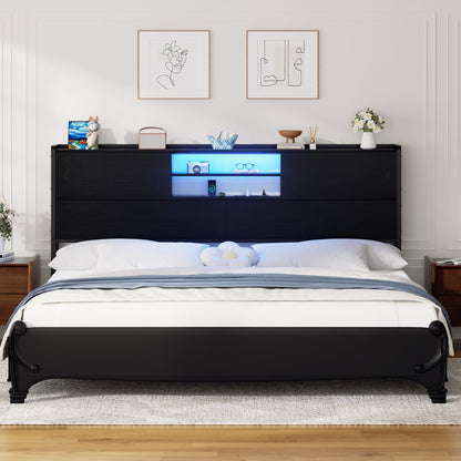 Storage Headboard with Sliding Doors and Charging Station