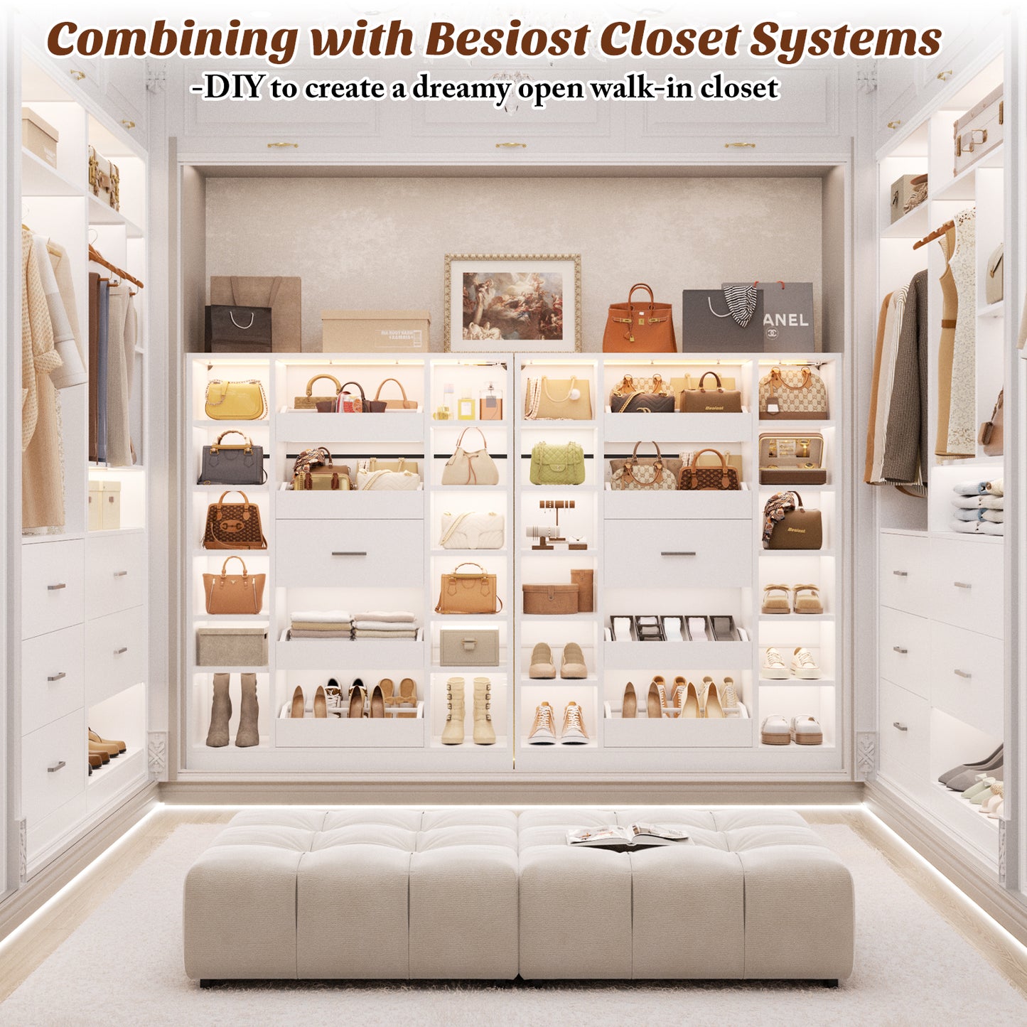 40" Closet System with LED Lights, Wooden Closet Organizer with 5 Drawers & 12 Shelves