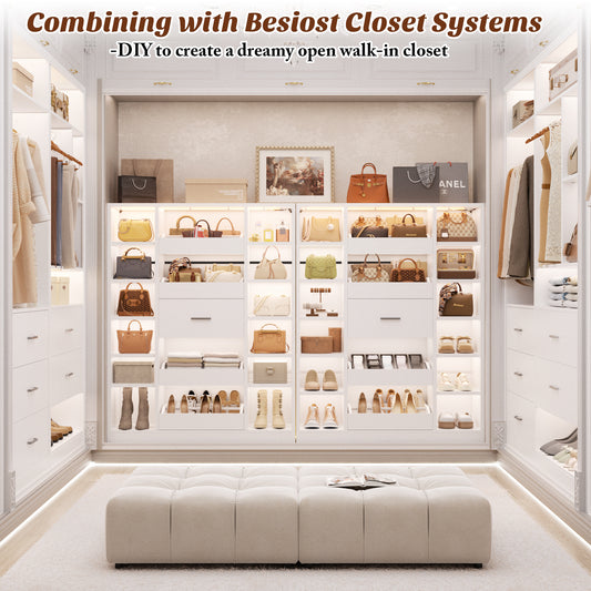 40" Closet System with LED Lights, Wooden Closet Organizer with 5 Drawers & 12 Shelves