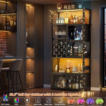 82.6" Tall Wine Bar Cabinet with LED Light and Outlets
