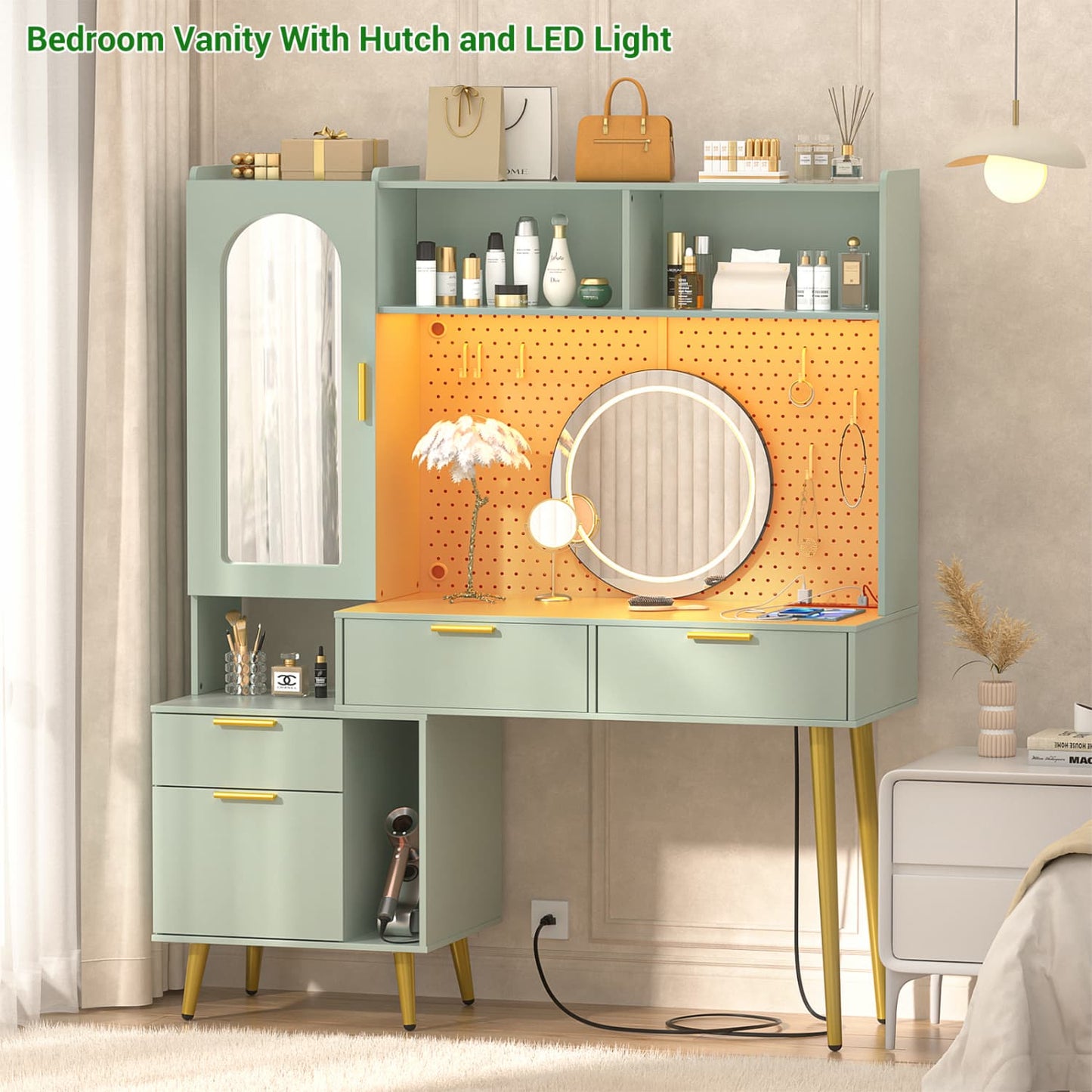 Makeup Vanity with Hutch, LED Lighted Mirror & Charging Station