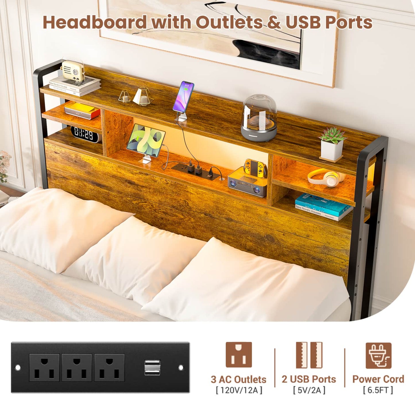 Full Headboard with Storage shelves and Charging Station, Wood Headboard with LED Light
