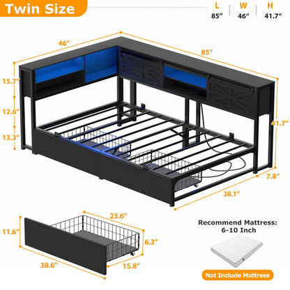 Bookcase Daybed with Wood Drawer, Corner Bed Frame with Sliding Door