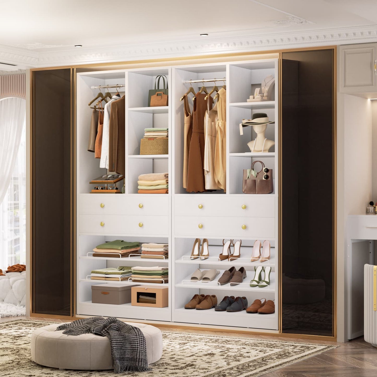 Closet Storage System with Adjustable Shoes Shelves, Closet Organizer with Drawer
