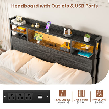 Full Headboard with Storage shelves and Charging Station, Wood Headboard with LED Light