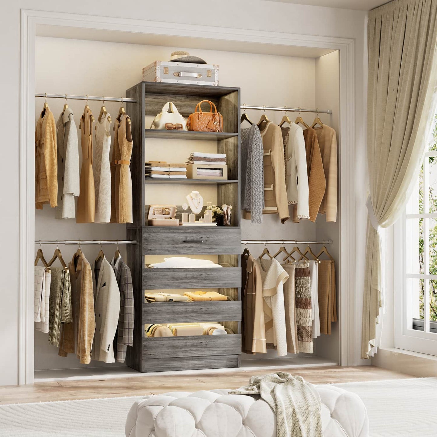 4-9 Ft Wooden Closet Organizer System with 4 Drawers, 4 Hanging Rods & Shelving Towers