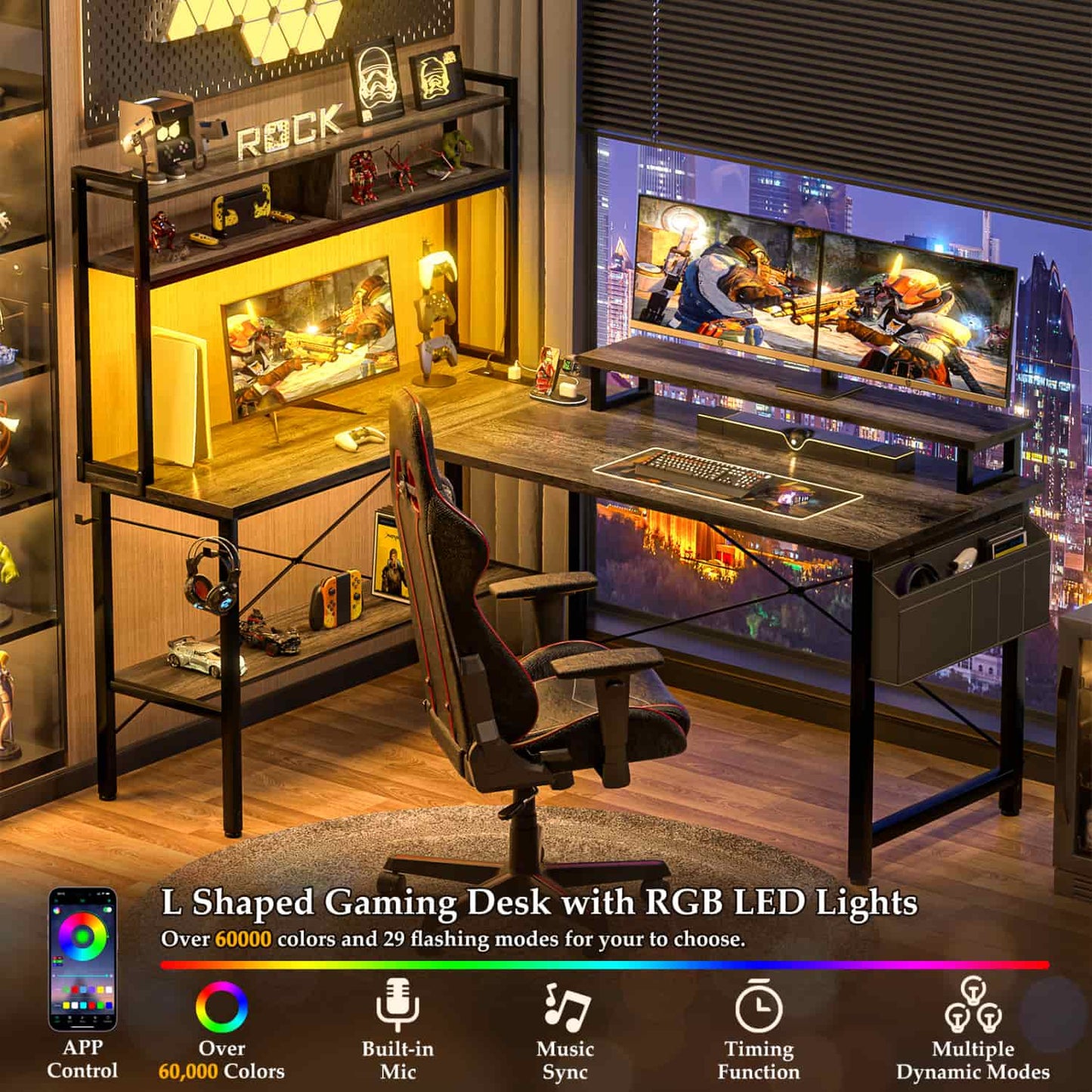 L-Shaped Computer Desk with Monitor and Hutch, Gaming Desk with Charging Station
