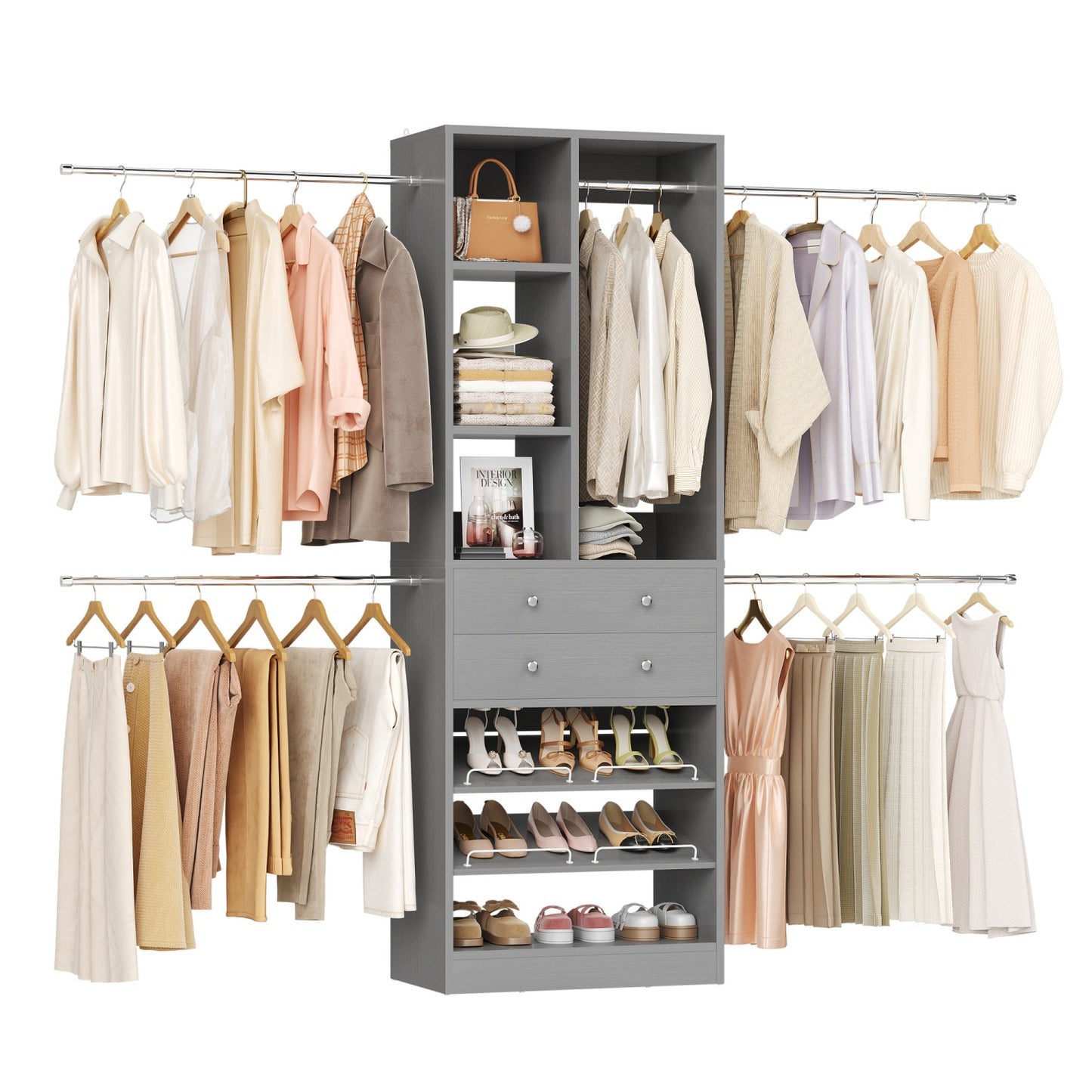 Wooden Closet System with Shoes Shelf and Drawer, Closet Organizer Storage with Drawer