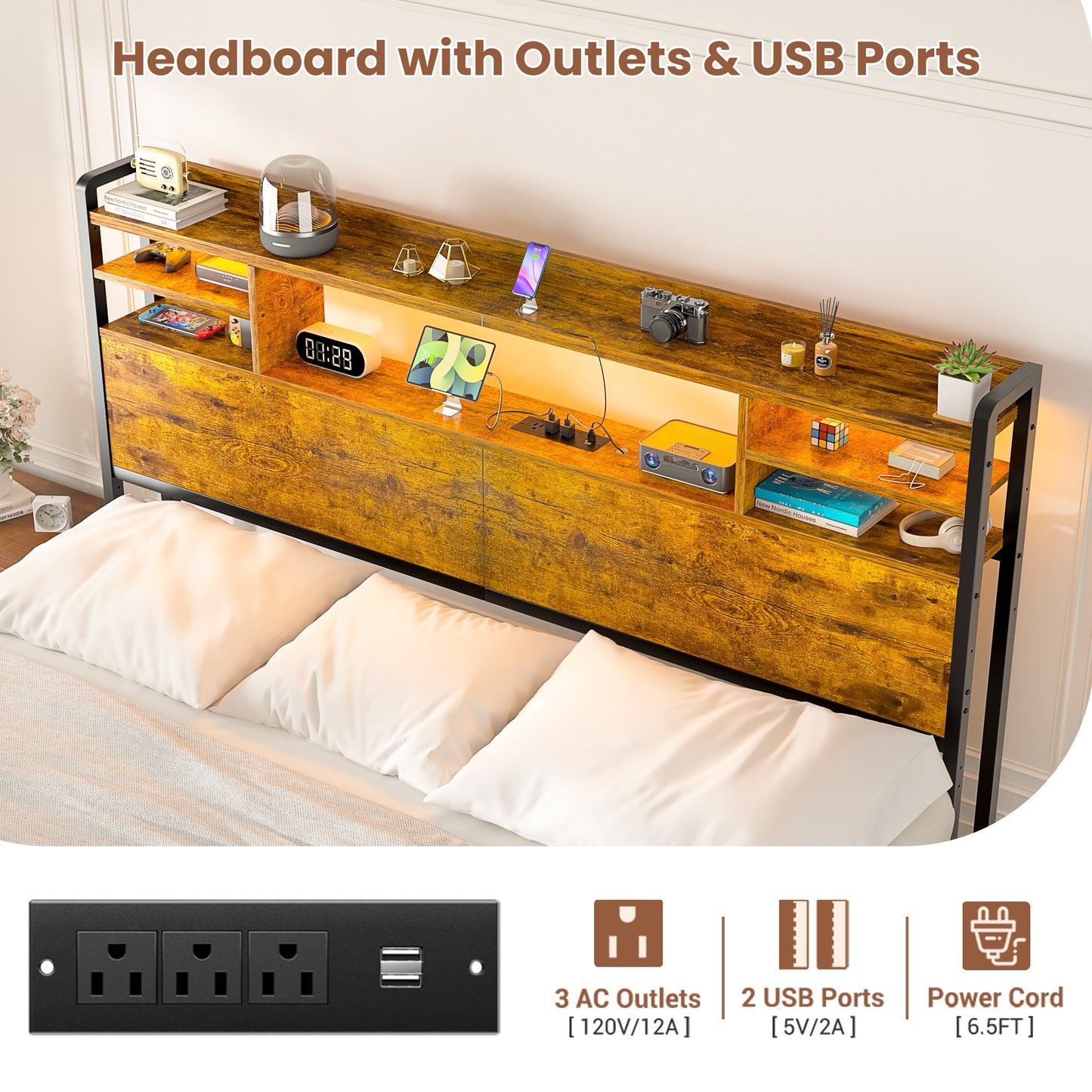 Queen Headboard with Storage shelves and Charging Station, Wood Headboard with LED Light