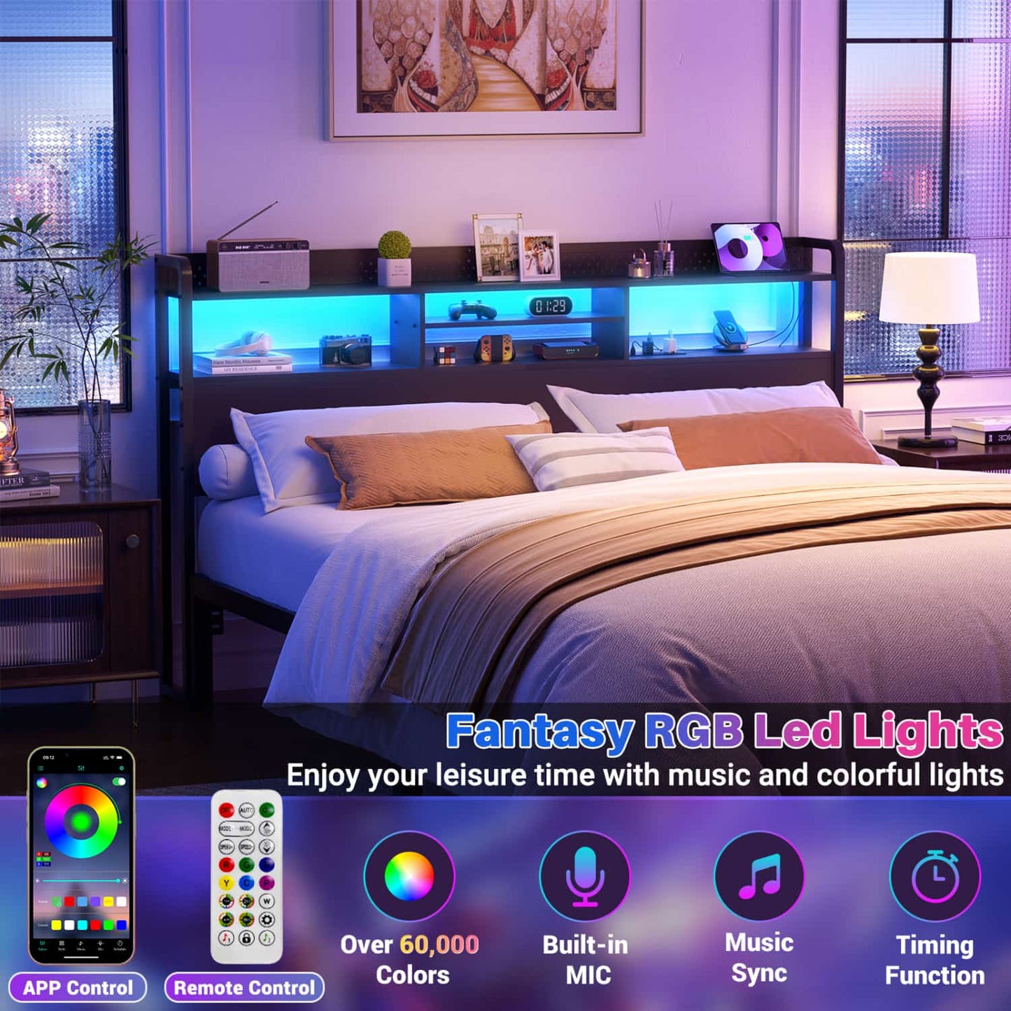 King Storage Headboard with Led Lights & Charging Station