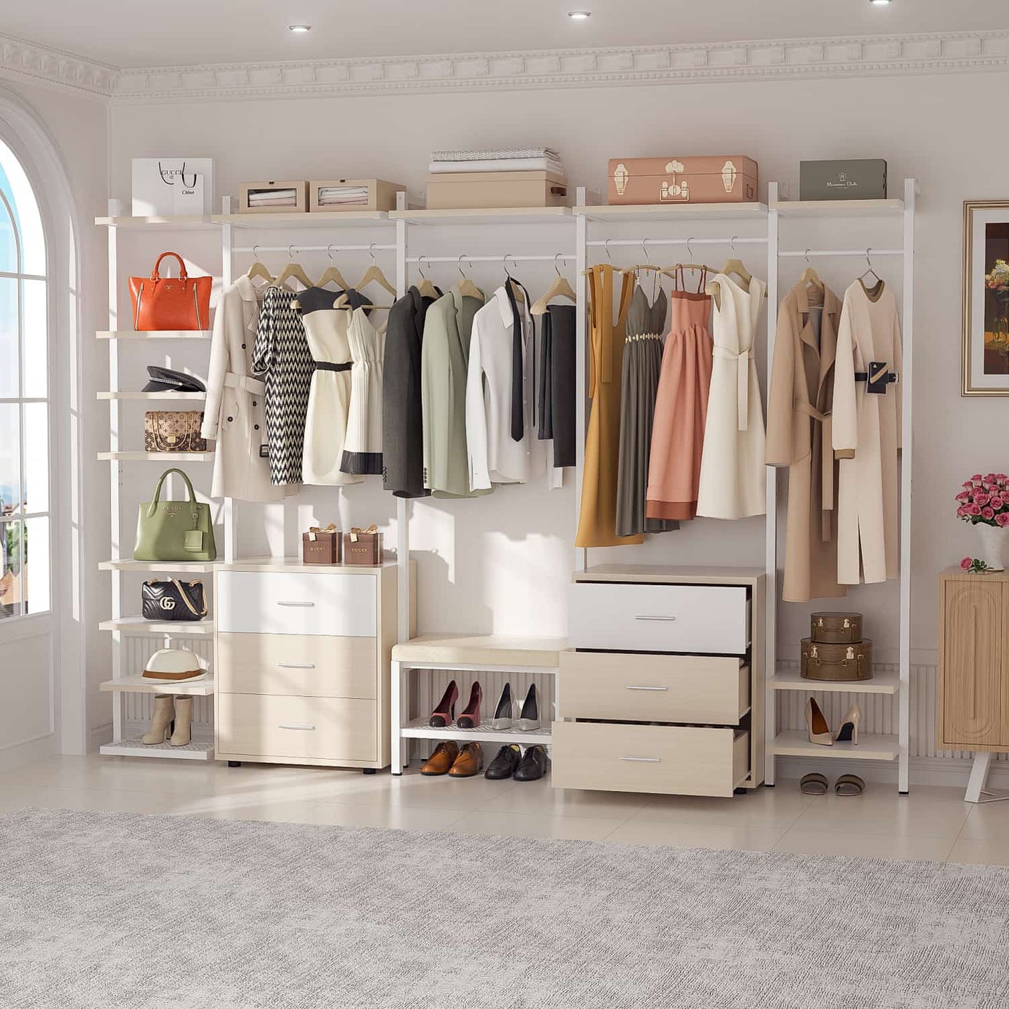 Freestanding Closet Organizer with 6 Drawers, Walk-In Closet Systen with 4 Clothing Rack