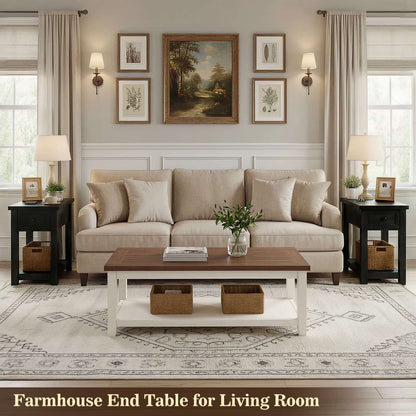 Farmhouse End Table with Drawer and Shelf, Nightstand with Charging Station