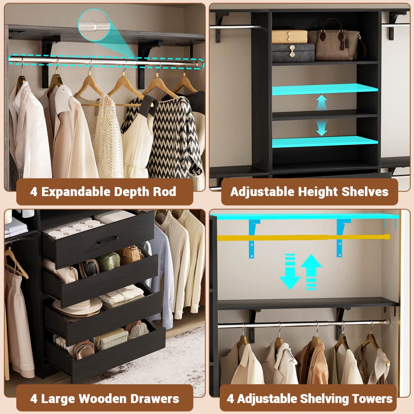 8FT Closet Organizer System with 4 Wooden Drawers & Hanging Rods