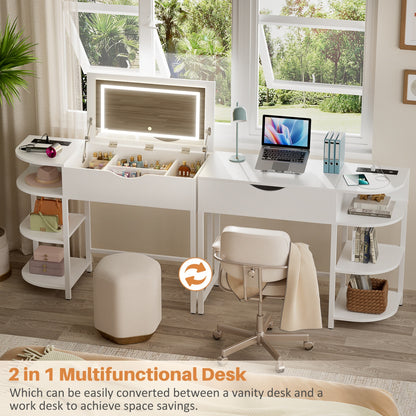 Flip-Top Makeup Dressing Table with mirror and Drawer, Small Vanity Desk with Charging Station