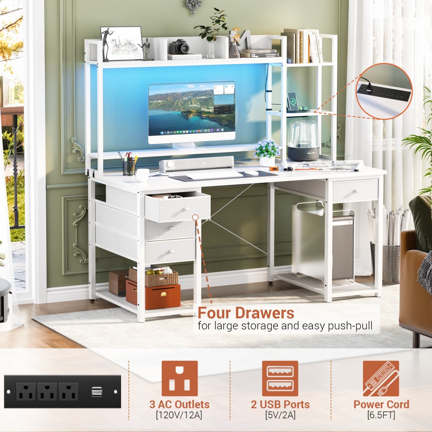 Computer Desk with LED Light, Power Outlet, Farbric Drawers