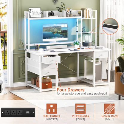 Computer Desk with LED Light, Power Outlet, Farbric Drawers
