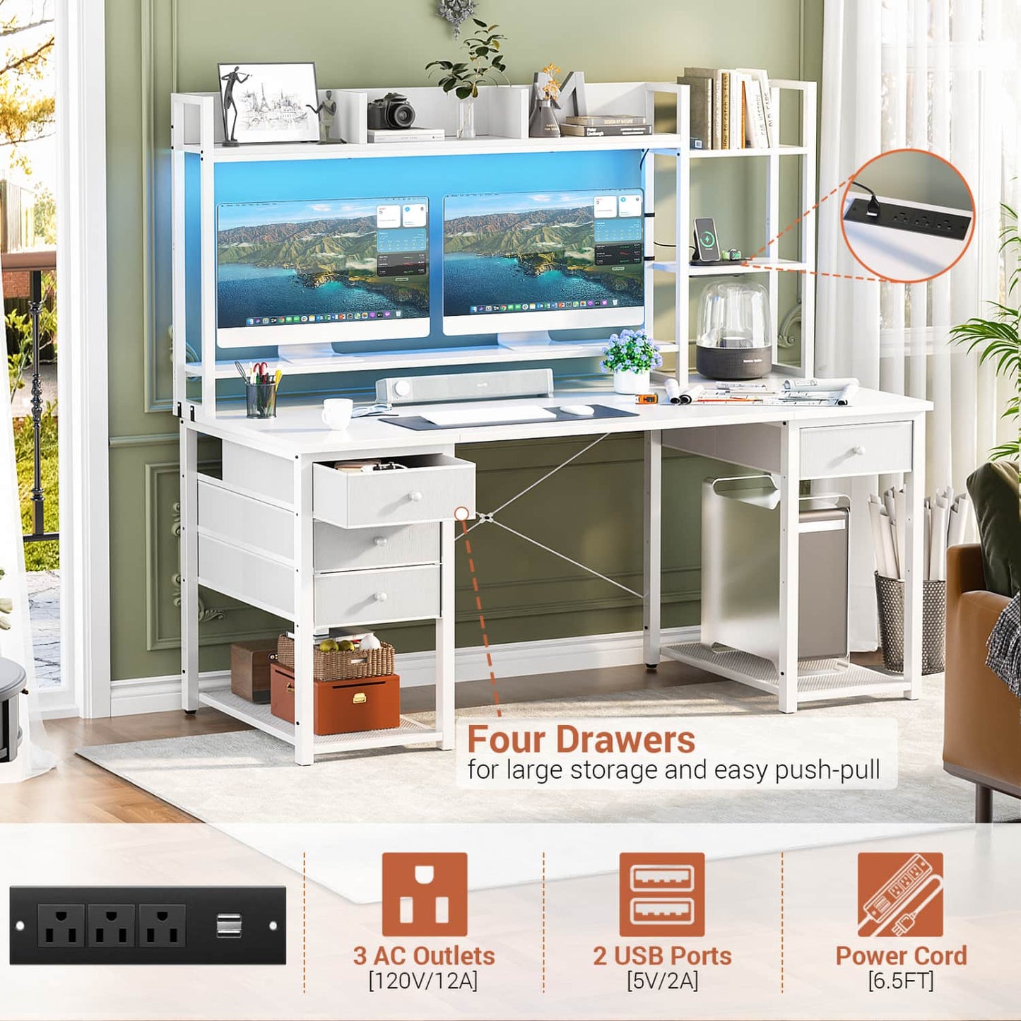 Computer Desk with LED Light, Power Outlet, Farbric Drawers