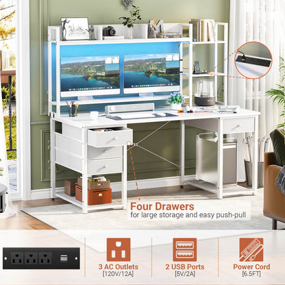 Computer Desk with LED Light, Power Outlet, Farbric Drawers