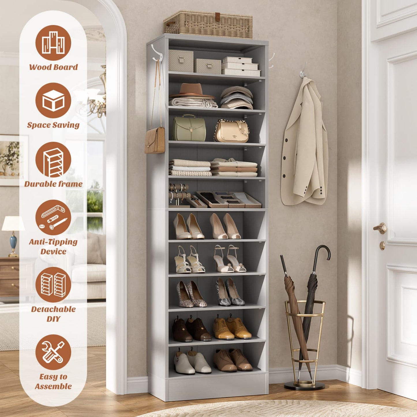Shoe Storage Cabinet, 10-Tier Shoe Rack With Drawers