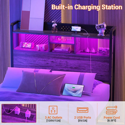 Twin Storage Headboard with Led Lights & Charging Station