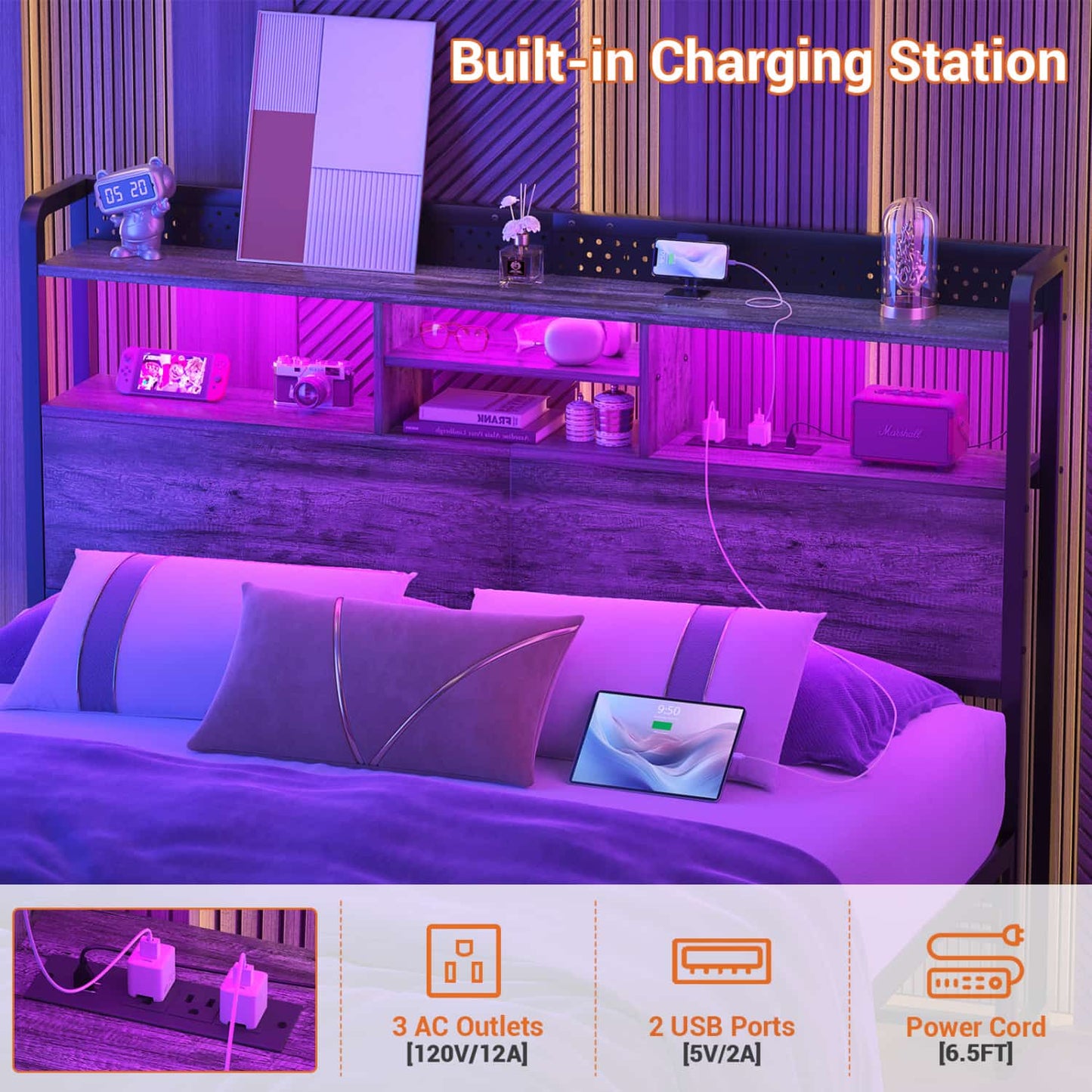 Queen Storage Headboard with Led Lights & Charging Station