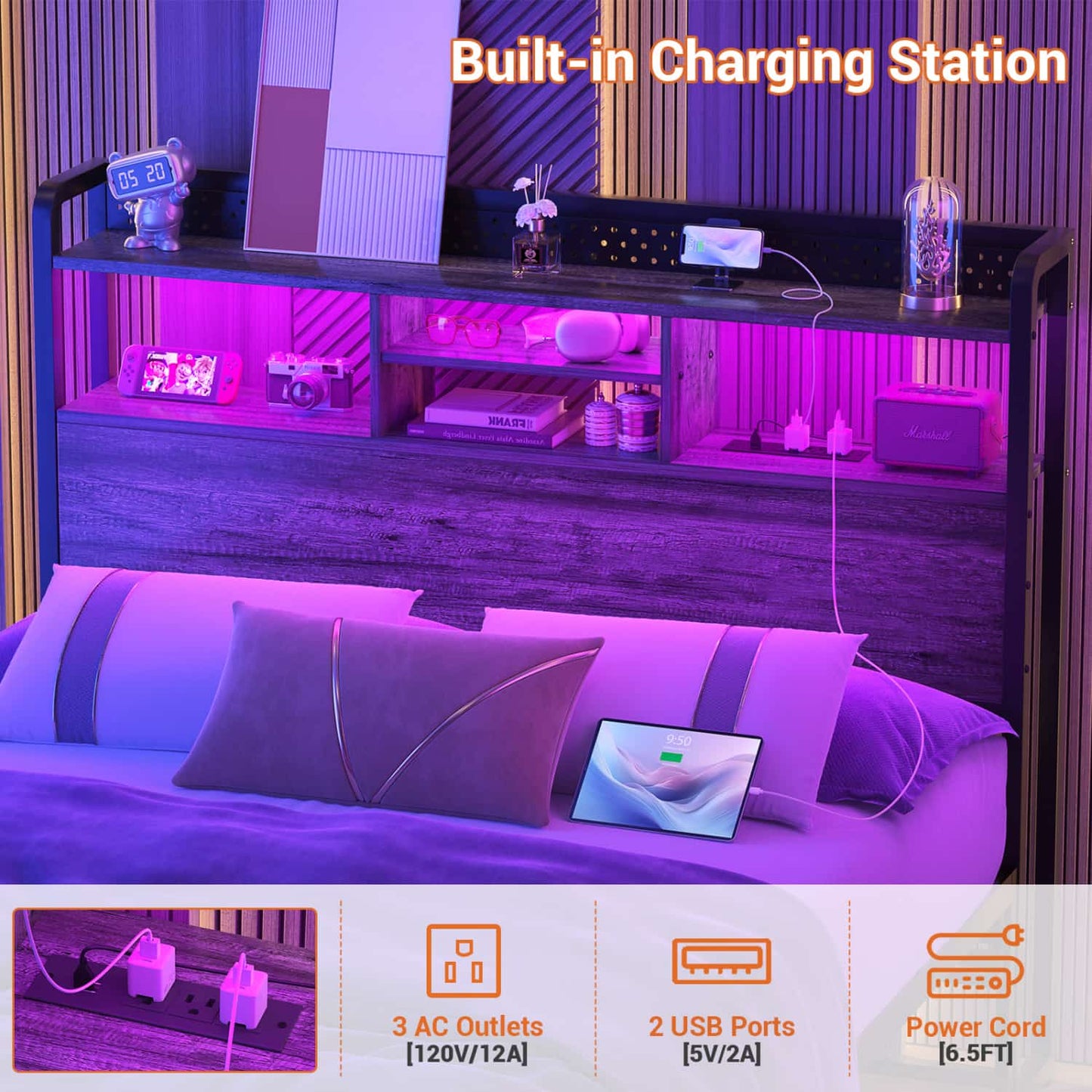 Full Storage Headboard with Led Lights & Charging Station