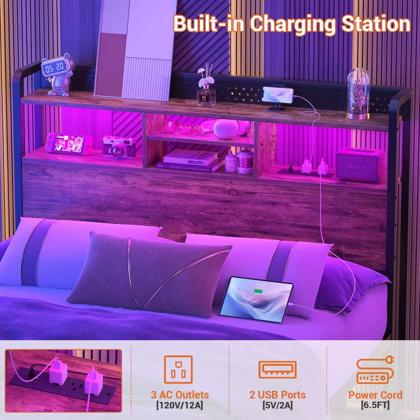 Full Storage Headboard with Led Lights & Charging Station