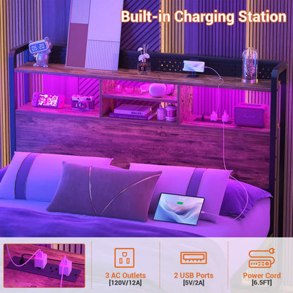 Full Storage Headboard with Led Lights & Charging Station