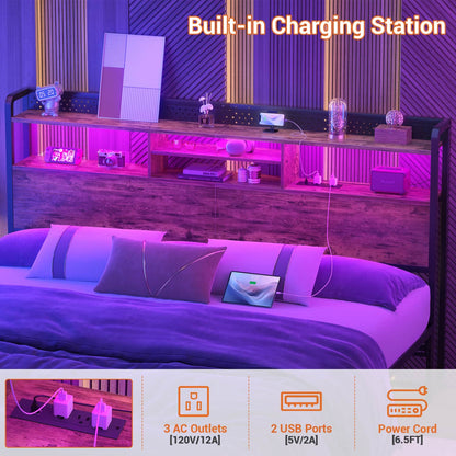 King Storage Headboard with Led Lights & Charging Station