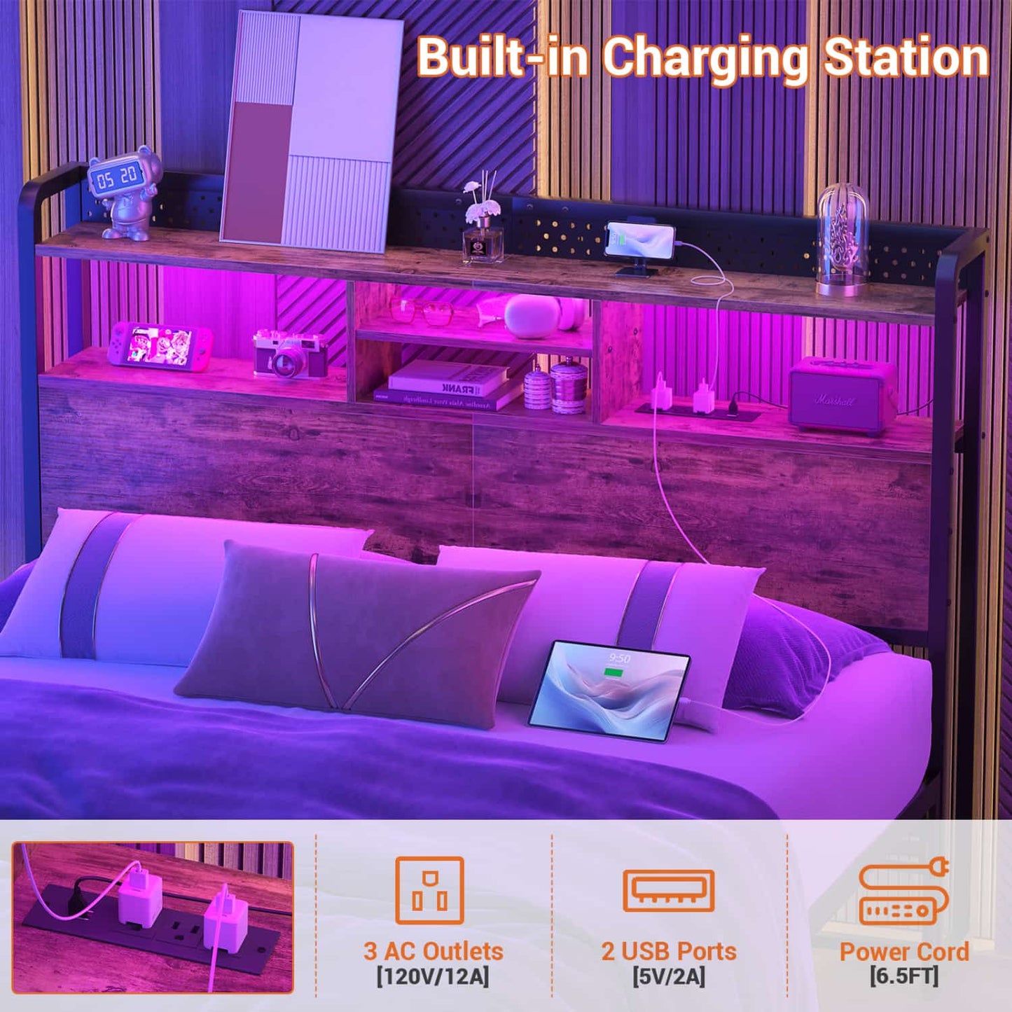 Queen Storage Headboard with Led Lights & Charging Station