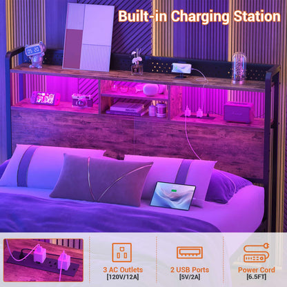 Queen Storage Headboard with Led Lights & Charging Station